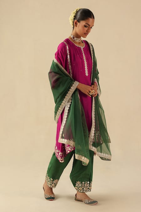 Shop_Begum_Fuchsia Silk, Organza Embroidery, Sequins Round Neck Arzoo Kurta Pant Set _Online_at_Aza_Fashions