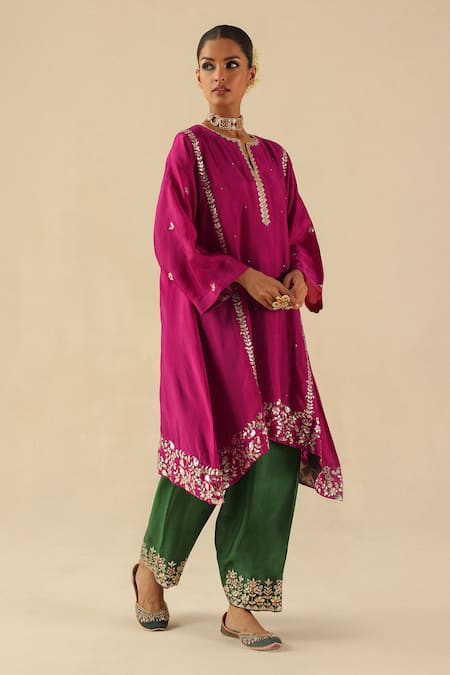 Begum_Fuchsia Silk, Organza Embroidery, Sequins Round Neck Arzoo Kurta Pant Set _at_Aza_Fashions
