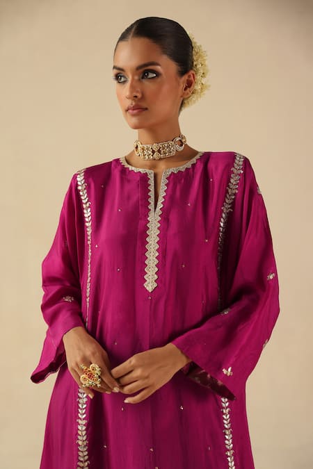 Buy Begum Fuchsia Silk, Organza Embroidery, Sequins Round Neck Arzoo Kurta Pant Set Buy_Begum_Fuchsia Silk, Organza Embroidery, Sequins Round Neck Arzoo Kurta Pant Set