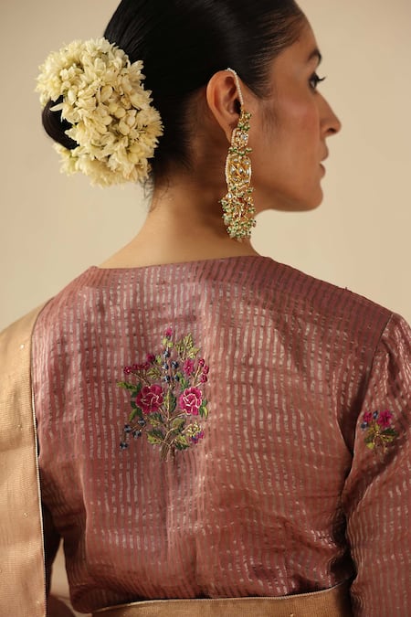 Begum_Peach Organza, Silk, Tissue Sequins, Embroidery Round Taj Gul Saree With Blouse _Online_at_Aza_Fashions
