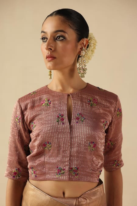 Buy_Begum_Peach Organza, Silk, Tissue Sequins, Embroidery Round Taj Gul Saree With Blouse _Online_at_Aza_Fashions