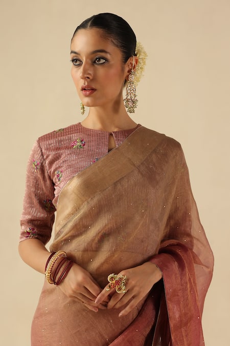 Shop_Begum_Peach Organza, Silk, Tissue Sequins, Embroidery Round Taj Gul Saree With Blouse _Online_at_Aza_Fashions