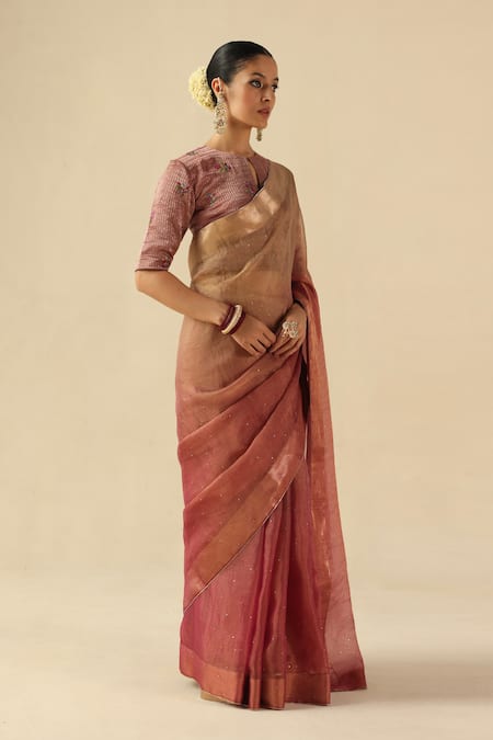 Begum_Peach Organza, Silk, Tissue Sequins, Embroidery Round Taj Gul Saree With Blouse _at_Aza_Fashions