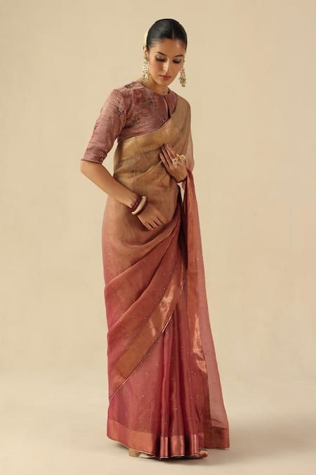 Buy_Begum_Peach Organza, Silk, Tissue Sequins, Embroidery Round Taj Gul Saree With Blouse 