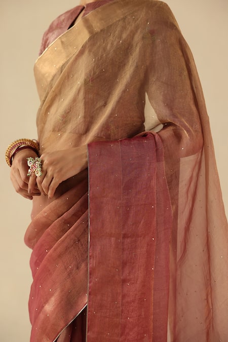 Shop_Begum_Peach Organza, Silk, Tissue Sequins, Embroidery Round Taj Gul Saree With Blouse 