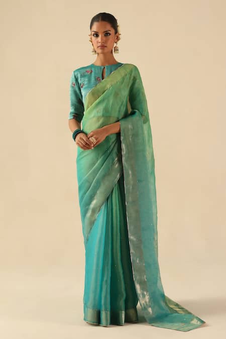 Begum Turquoise Organza, Tissue, Silk Beads Round Neck Taj Gul Saree With Blouse 