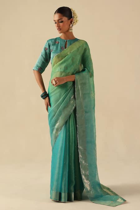 Buy Begum Turquoise Organza, Tissue, Silk Beads Round Neck Taj Gul Saree With Blouse Online at Aza Fashions Buy_Begum_Turquoise Organza, Tissue, Silk Beads Round Neck Taj Gul Saree With Blouse _Online_at_Aza_Fashions