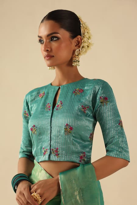 Begum_Turquoise Organza, Tissue, Silk Beads Round Neck Taj Gul Saree With Blouse _at_Aza_Fashions