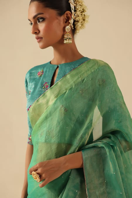 Buy_Begum_Turquoise Organza, Tissue, Silk Beads Round Neck Taj Gul Saree With Blouse 