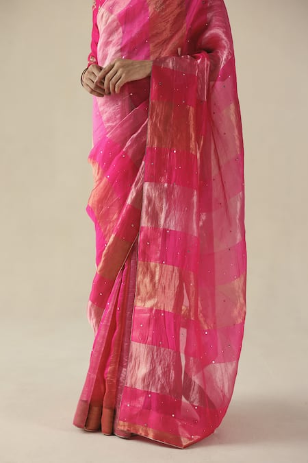 Buy_Begum_Fuchsia Tissue, Silk, Organza Sequins, Embroidery V-neck Amber Saree With Blouse _Online_at_Aza_Fashions
