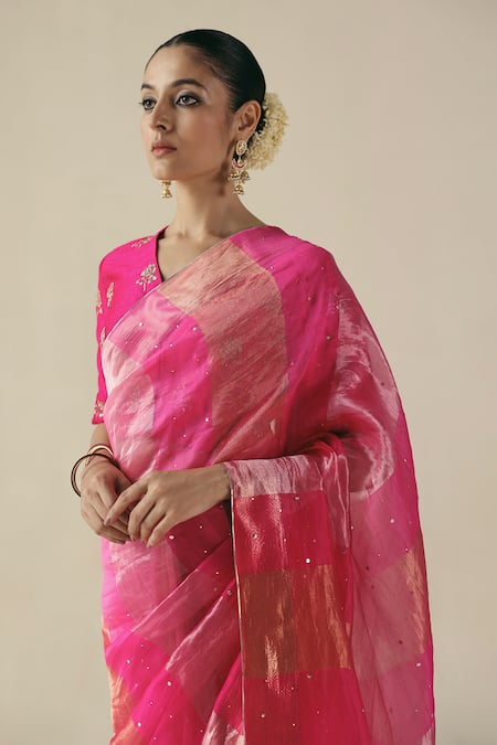Shop_Begum_Fuchsia Tissue, Silk, Organza Sequins, Embroidery V-neck Amber Saree With Blouse _Online_at_Aza_Fashions