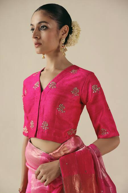 Begum_Fuchsia Tissue, Silk, Organza Sequins, Embroidery V-neck Amber Saree With Blouse _at_Aza_Fashions