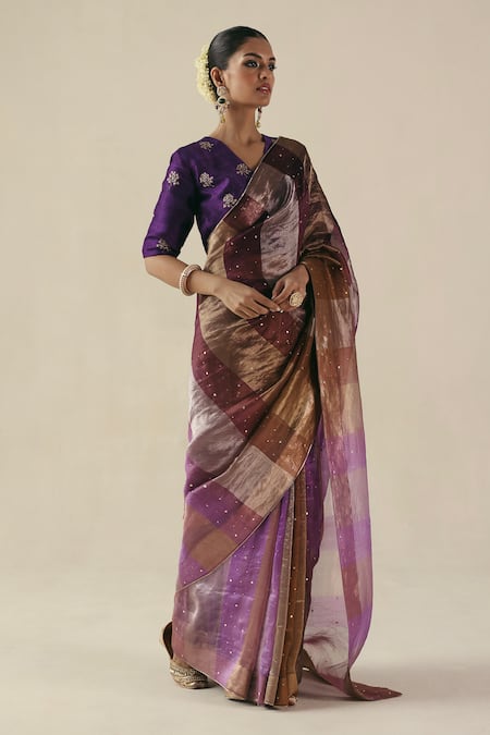 Begum Purple Tissue, Silk, Organza Sequins, Embroidery V-neck Amber Saree With Blouse Online at Aza Fashions Begum_Purple Tissue, Silk, Organza Sequins, Embroidery V-neck Amber Saree With Blouse _Online_at_Aza_Fashions