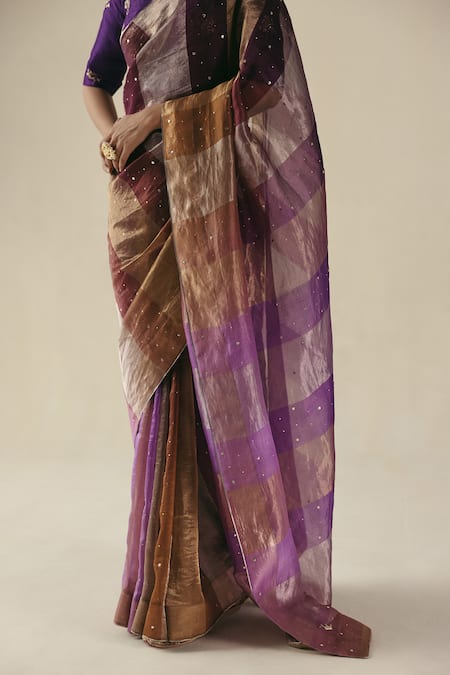 Shop_Begum_Purple Tissue, Silk, Organza Sequins, Embroidery V-neck Amber Saree With Blouse _Online_at_Aza_Fashions
