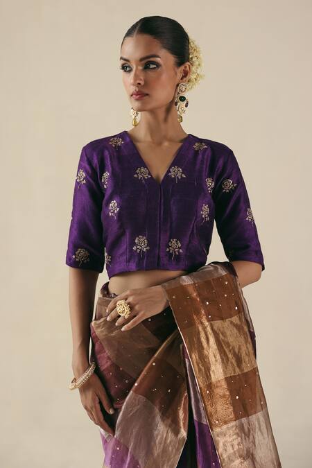 Begum_Purple Tissue, Silk, Organza Sequins, Embroidery V-neck Amber Saree With Blouse _at_Aza_Fashions
