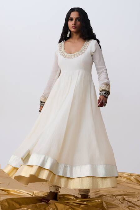 Pants And Pajamas_White Cotton, Chanderi Embroidery Round Neck Anarkali Set _Online_at_Aza_Fashions