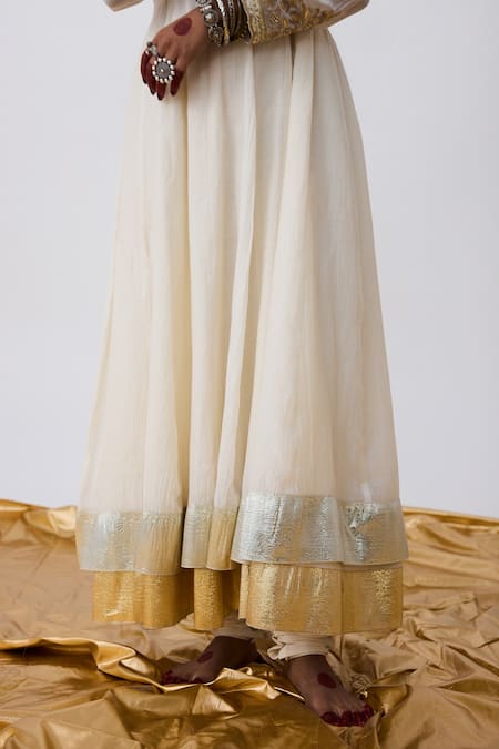 Pants And Pajamas_White Cotton, Chanderi Embroidery Round Neck Anarkali Set _at_Aza_Fashions