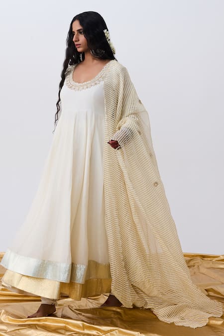 Pants And Pajamas Embroidered White Anarkali Set 