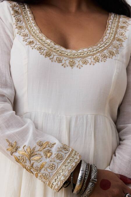 Buy_Pants And Pajamas_White Cotton, Chanderi Embroidery Round Neck Anarkali Set 