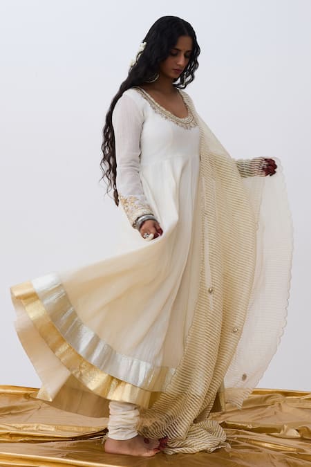Shop_Pants And Pajamas_White Cotton Embroidery Round Neck Anarkali Set _Online_at_Aza_Fashions
