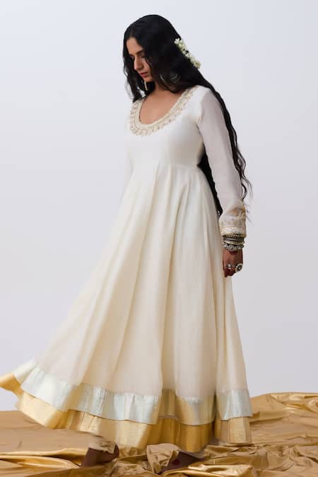 Pants And Pajamas_White Chanderi Embroidery Round Neck Designer Anarkali _Online_at_Aza_Fashions