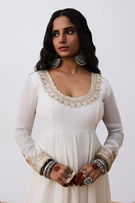 Buy_Pants And Pajamas_White Chanderi Embroidery Round Neck Designer Anarkali _Online_at_Aza_Fashions