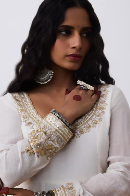 Shop_Pants And Pajamas_White Chanderi Embroidery Round Neck Designer Anarkali _Online_at_Aza_Fashions