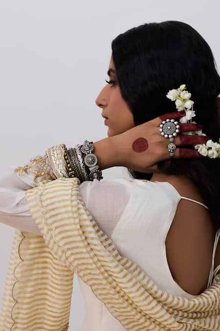 Pants And Pajamas_White Chanderi Designer Dupatta _Online_at_Aza_Fashions