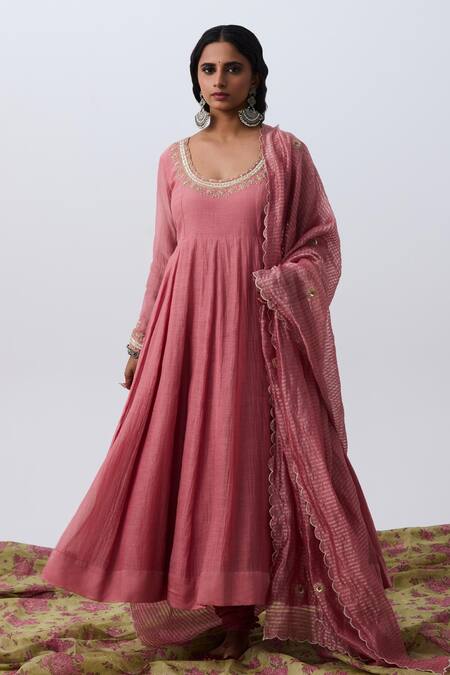 Pants And Pajamas_Pink Chanderi Embroidery Round Neck Designer Anarkali _Online_at_Aza_Fashions