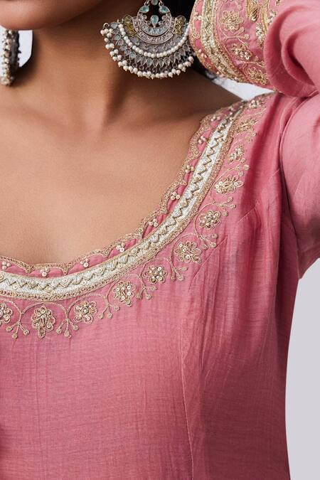 Shop_Pants And Pajamas_Pink Chanderi Embroidery Round Neck Designer Anarkali _Online_at_Aza_Fashions