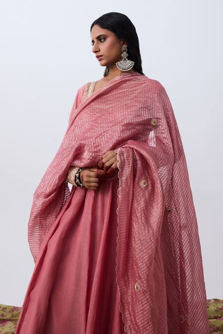 Pants And Pajamas_Pink Chanderi Embroidery Dupatta _Online_at_Aza_Fashions