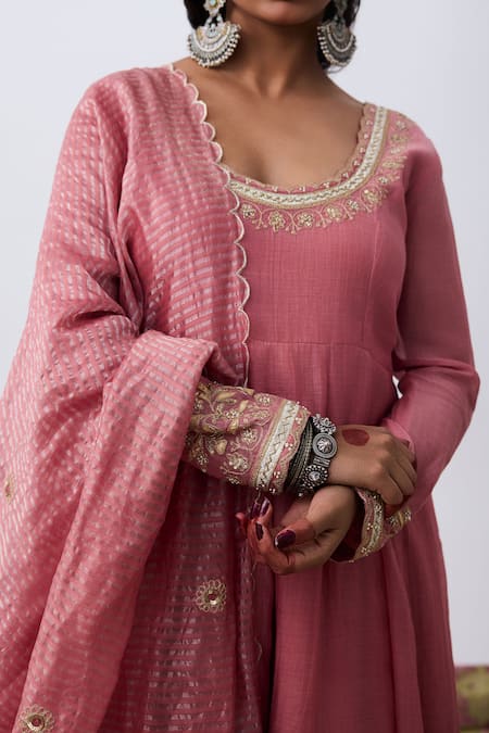 Buy_Pants And Pajamas_Pink Chanderi Embroidery Dupatta _Online_at_Aza_Fashions