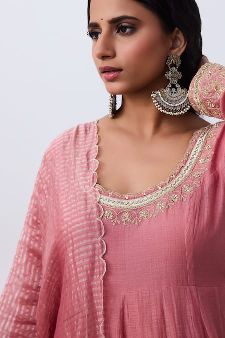 Pants And Pajamas_Pink Chanderi Embroidery Dupatta _at_Aza_Fashions