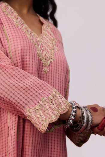 Pants And Pajamas Pink Cotton, Silk, Chanderi Embroidery V-neck Kurta Set Online at Aza Fashions Pants And Pajamas_Pink Cotton, Silk, Chanderi Embroidery V-neck Kurta Set _Online_at_Aza_Fashions