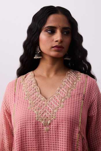 Buy Pants And Pajamas Pink Cotton, Silk, Chanderi Embroidery V-neck Kurta Set Online at Aza Fashions Buy_Pants And Pajamas_Pink Cotton, Silk, Chanderi Embroidery V-neck Kurta Set _Online_at_Aza_Fashions