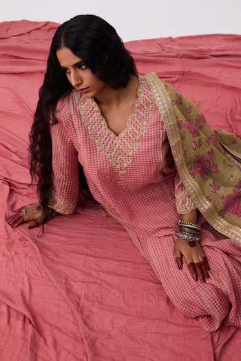 Buy Pants And Pajamas Pink Cotton, Silk, Chanderi Embroidery V-neck Kurta Set Buy_Pants And Pajamas_Pink Cotton, Silk, Chanderi Embroidery V-neck Kurta Set