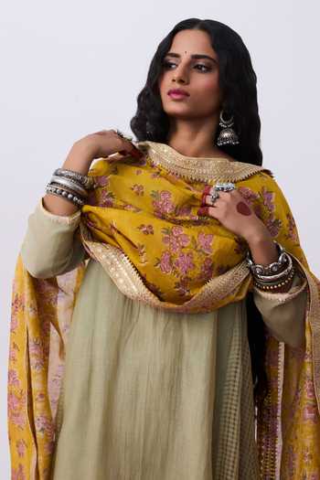Shop_Pants And Pajamas_Green Chanderi Embroidery Round Neck Kurta Set _Online_at_Aza_Fashions