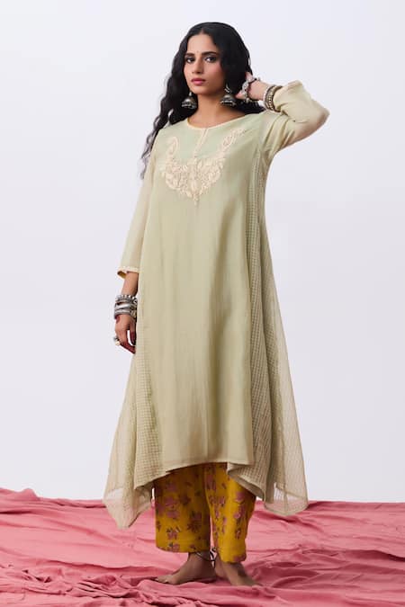 Pants And Pajamas Embroidered Green Kurta 