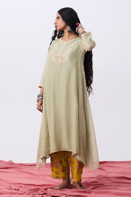Pants And Pajamas Green Chanderi Embroidery Round Neck Kurta Online at Aza Fashions Pants And Pajamas_Green Chanderi Embroidery Round Neck Kurta _Online_at_Aza_Fashions