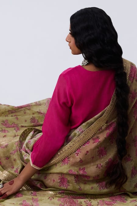 Pants And Pajamas Pink Chanderi, Cotton Embroidery Round Neck Kurta Set Online at Aza Fashions Pants And Pajamas_Pink Chanderi, Cotton Embroidery Round Neck Kurta Set _Online_at_Aza_Fashions