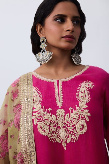 Pants And Pajamas Pink Chanderi, Cotton Embroidery Round Neck Kurta Set at Aza Fashions Pants And Pajamas_Pink Chanderi, Cotton Embroidery Round Neck Kurta Set _at_Aza_Fashions