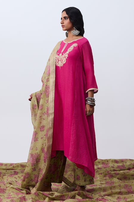 Buy Pants And Pajamas Pink Chanderi, Cotton Embroidery Round Neck Kurta Set Buy_Pants And Pajamas_Pink Chanderi, Cotton Embroidery Round Neck Kurta Set