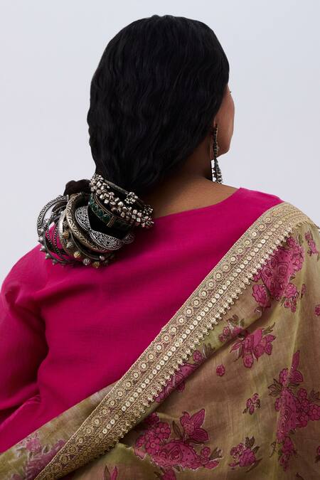 Pants And Pajamas Pink Chanderi Embroidery Round Neck Kurta Online at Aza Fashions Pants And Pajamas_Pink Chanderi Embroidery Round Neck Kurta _Online_at_Aza_Fashions