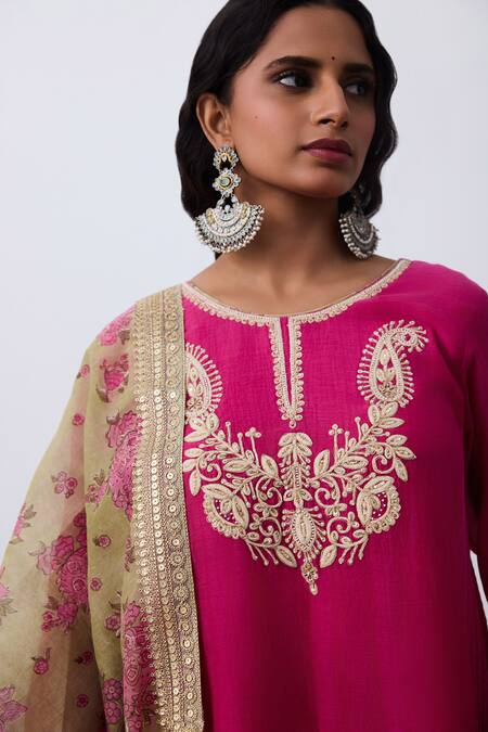 Buy Pants And Pajamas Pink Chanderi Embroidery Round Neck Kurta Online at Aza Fashions Buy_Pants And Pajamas_Pink Chanderi Embroidery Round Neck Kurta _Online_at_Aza_Fashions