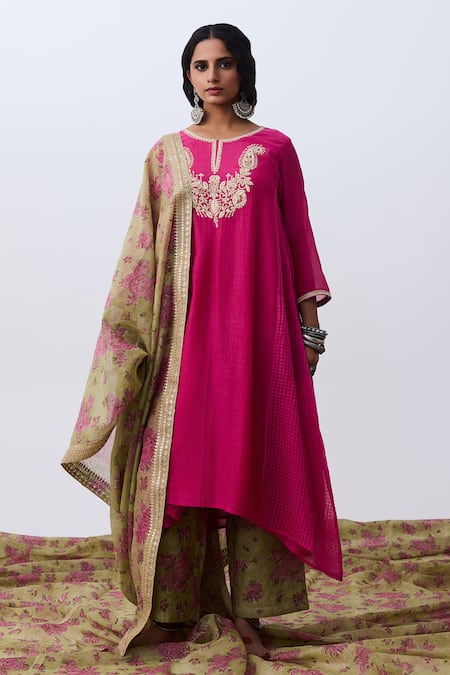 Pants And Pajamas Pink Chanderi Embroidery Round Neck Kurta 
