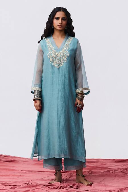 Pants And Pajamas_Blue Cotton, Satin, Chanderi Embroidery Round Neck Designer Silk Kurta Set _Online_at_Aza_Fashions