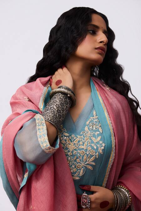 Pants And Pajamas_Blue Cotton, Satin, Chanderi Embroidery Round Neck Designer Silk Kurta Set _at_Aza_Fashions