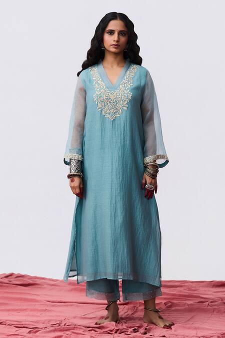 Pants And Pajamas Blue Cotton Silk Kurta & Pant Set 