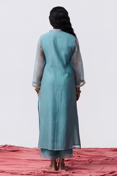 Pants And Pajamas Blue Cotton Silk Kurta & Pant Set 