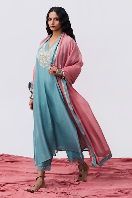 Pants And Pajamas Blue Cotton, Silk Embroidery Round Neck Kurta And Pant Set Online at Aza Fashions Pants And Pajamas_Blue Cotton, Silk Embroidery Round Neck Kurta And Pant Set _Online_at_Aza_Fashions